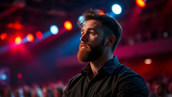 Man contemplating on stage, Michael Phelps mental health advocacy.