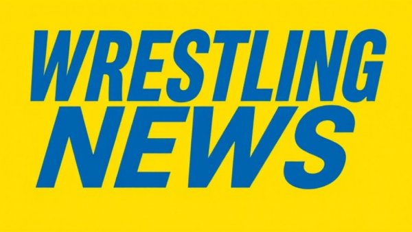 Bright yellow wrestling news logo with blue text.
