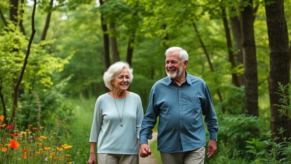 Elderly couple walking in a forest, symbolizing financial habits expats must learn in Canada.