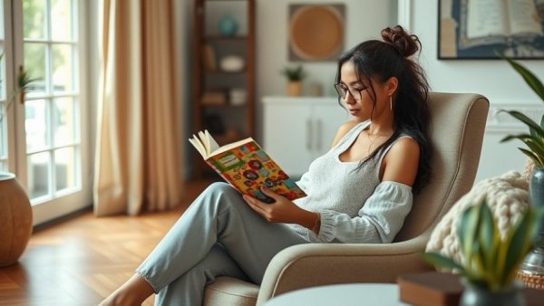 Woman reading a book on health and wealth in a cozy room.