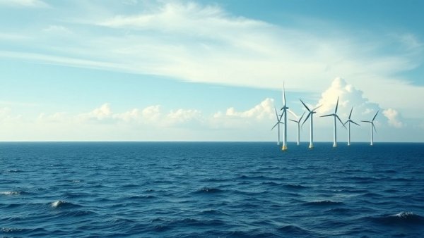 Offshore wind turbines spinning under blue sky for Dominion Energy project.