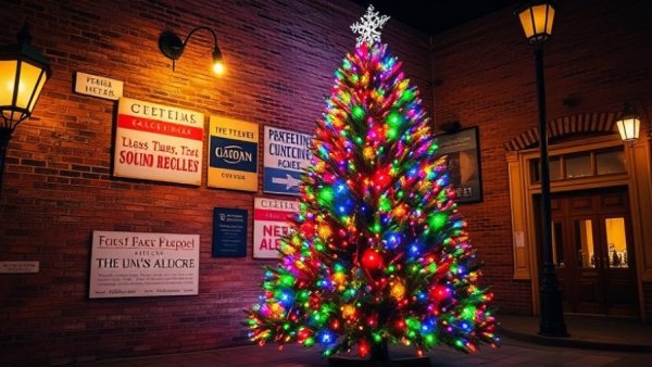 Festive outdoor Christmas tree with lights for New Year’s Eve decor ideas.