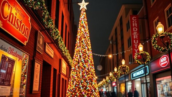 Vibrant urban Christmas scene with colorful lights in city.