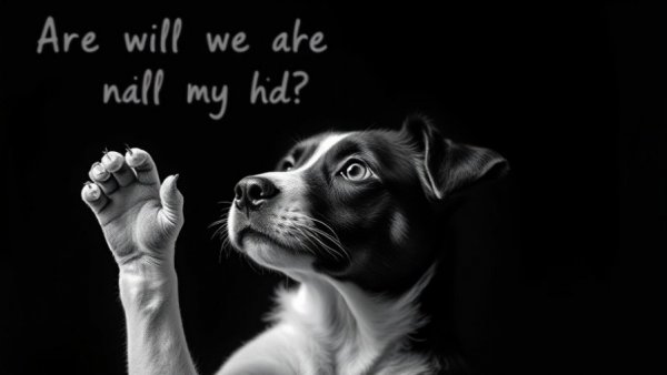 Dog raising paw with text about leadership resolutions in black and white.
