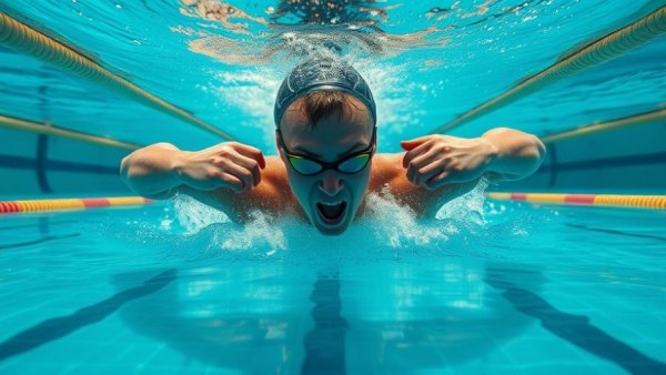 Swimmer practicing controlled breathing techniques in clear pool.