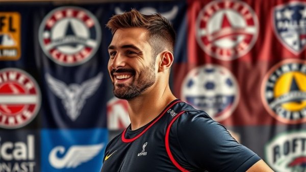 Smiling man in sports attire at event with blue backdrop.