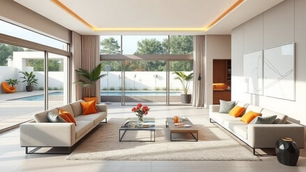 Modern living room with elegant decor and pool view