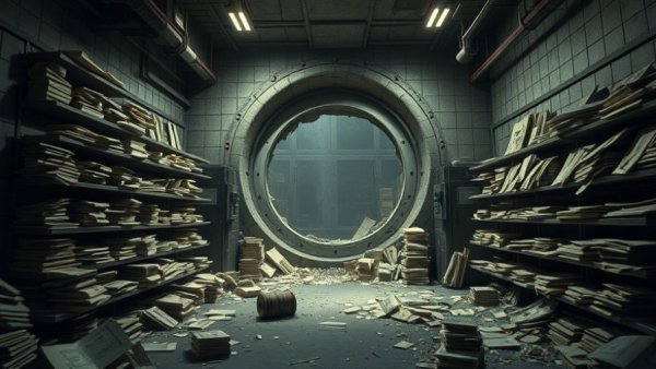 Chaotic aftermath of a Germany bank heist in a ransacked vault.
