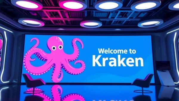 Welcome to Kraken display in modern office with octopus artwork.