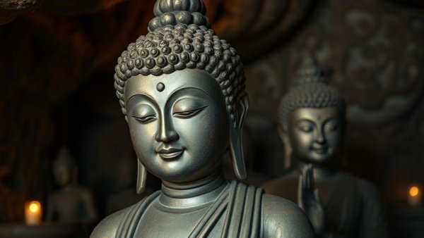 Historic Buddha statues in cave, Laos backdrop, serene setting.