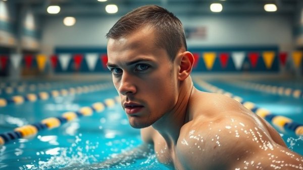 2025 Swimmers of the Year in pool with water splashing.