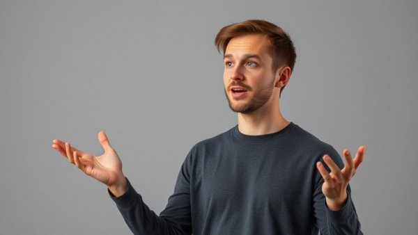 Young man animatedly explaining in a studio, focus on LMIA.