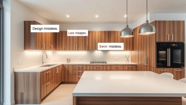 Modern kitchen with highlighted design mistakes, potential upgrades to regret.