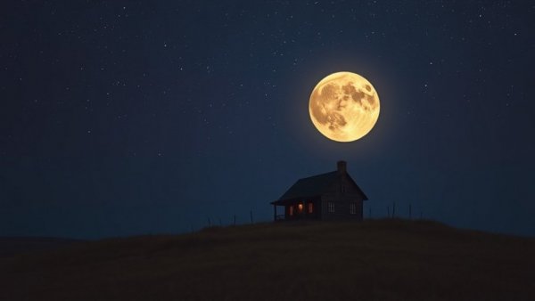 Quaint house under large moon, reflecting poetry themes.