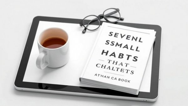 Digital book cover displaying 'Seven Small Easy Habits', coffee, and glasses.