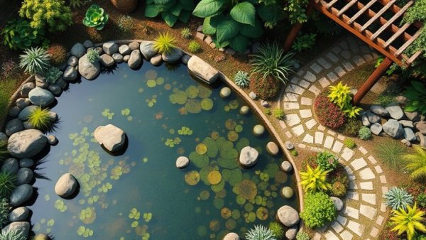 Aerial view of garden pond with diverse plants and stones, peaceful ambiance.