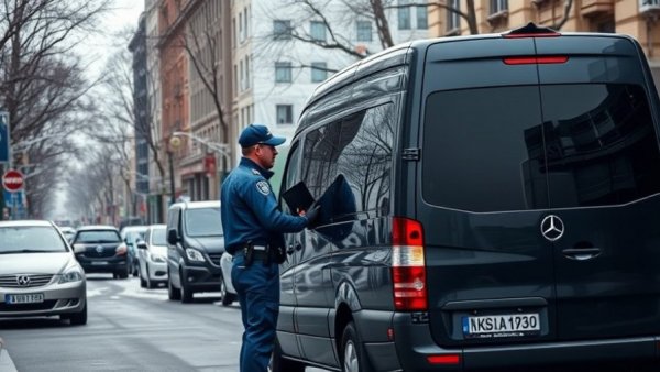 Police presence in wintery urban scene with vehicles and covered building.