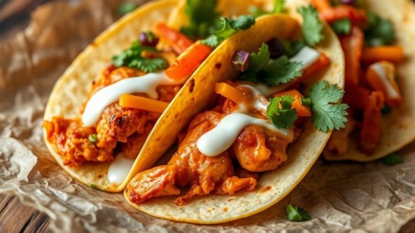 Tasty Sheet Pan Buffalo Chicken Tacos with toppings and crispy shells.