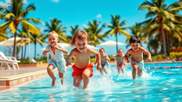 Joyful children playing near pool, Manifestation in Sports theme.