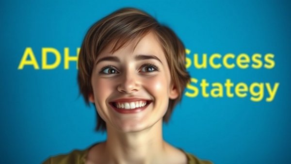 Happy woman with ADHD success strategy text in AEC context