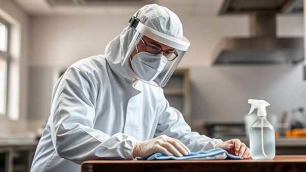Person in protective gear cleaning, promoting culture building resolutions.