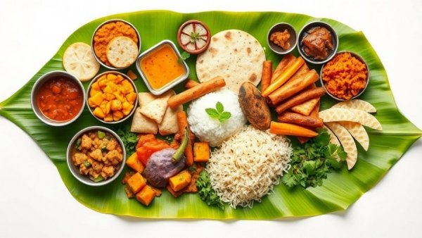 Colorful South Indian breakfast in Qatar with banana leaf arrangement.