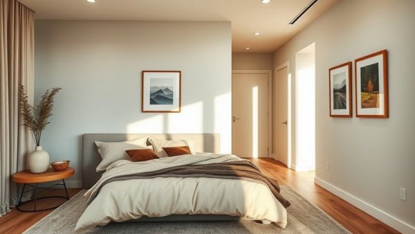 Elegant home decor ideas for 2026: modern bedroom and hallway.