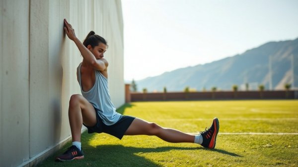Athlete leg stretch for hurdlers' trail leg problems on sports field.