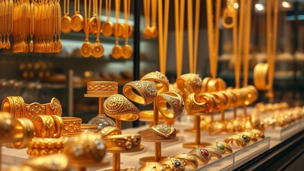 Ornate gold jewelry display in hidden Souq Waqif shop.