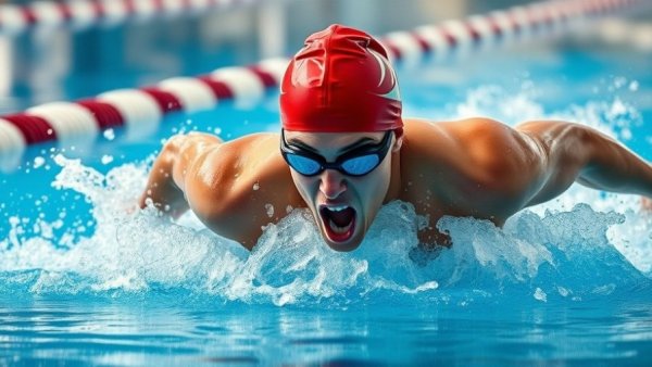 Wisconsin Swim Team Tri-Meet participant in red cap and goggles swimming energetically.