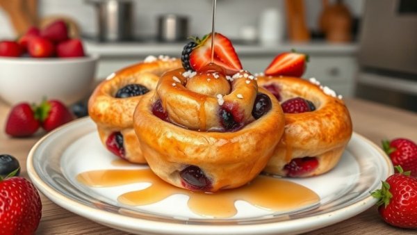 High protein triple berry buns recipe with syrup and berries.