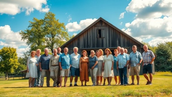 Large family group posing outdoors in front of a rustic shed.