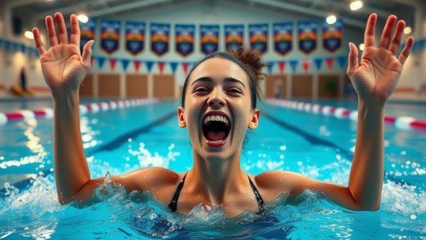 Female swimmer celebrating victory in women's college swimming distance event.