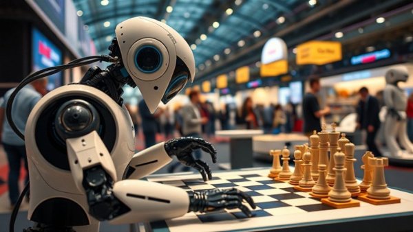 Chess robots interacting at exhibition with a chessboard.