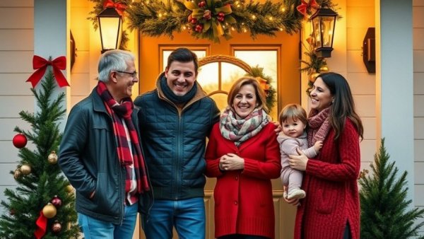 Festive family Christmas portrait at home entrance, bright lighting.