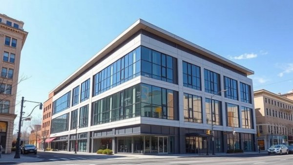 Modern commercial building exterior under a blue sky highlighting architecture.
