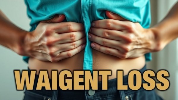 Close-up of abdominal fat being pinched, motivational text on weight loss for leaders.