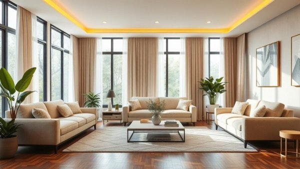 Modern living room with beige sofas and elegant decor, Home Interior Design Ideas 2026.