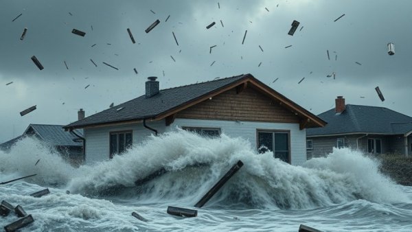EPS foam house amidst hurricane, debris flying, intense storm scene.