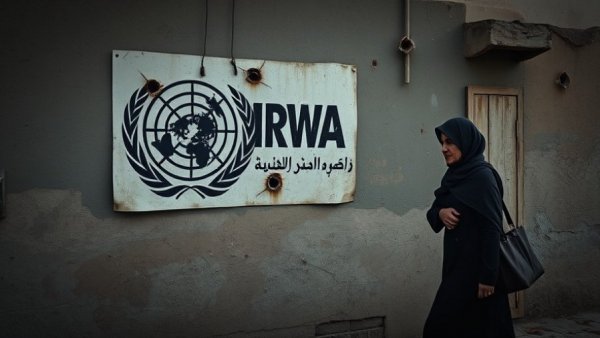 UNRWA job cuts impact on Palestinians shown by solemn woman passing worn-out wall.
