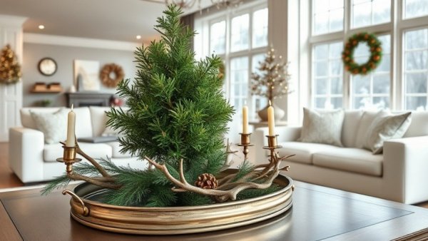 Elegant winter home decor with a tray and boxwood topiary.