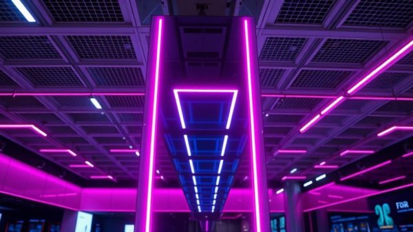 Futuristic smart mirror with RGB lights in tech showroom.