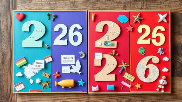 Inspiring 2026 goal collage boards on wooden surface.