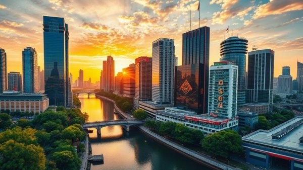 Vibrant aerial sunset view of city skyline and river, Moss acquires Ellison Construction.