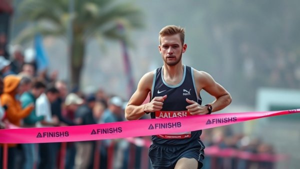 Runner crossing finish line at World Cross Country Championships.
