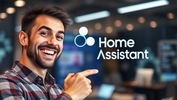 Smiling man with Home Assistant 2026.1 update logo, tech background.