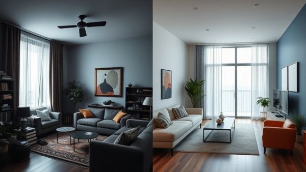 Contrasting living room decor highlighting decorating mistakes when selling your home.