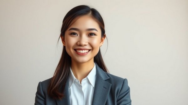 Young woman in professional attire smiling against a neutral background.