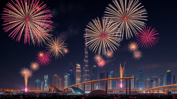 New Year's Eve Fireworks 2026 in Qatar light up night sky.