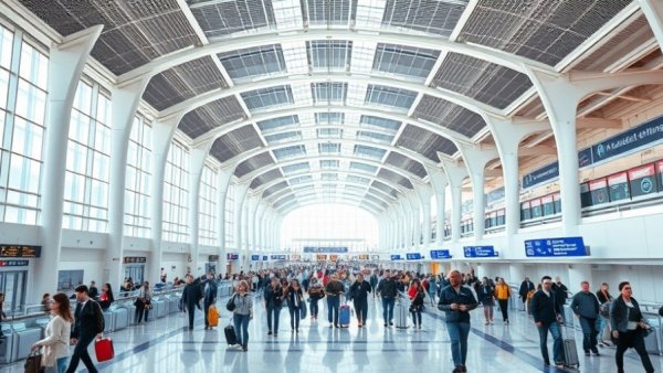 Hensel Phelps new CEO, bright modern airport terminal with travelers and check-in counters.